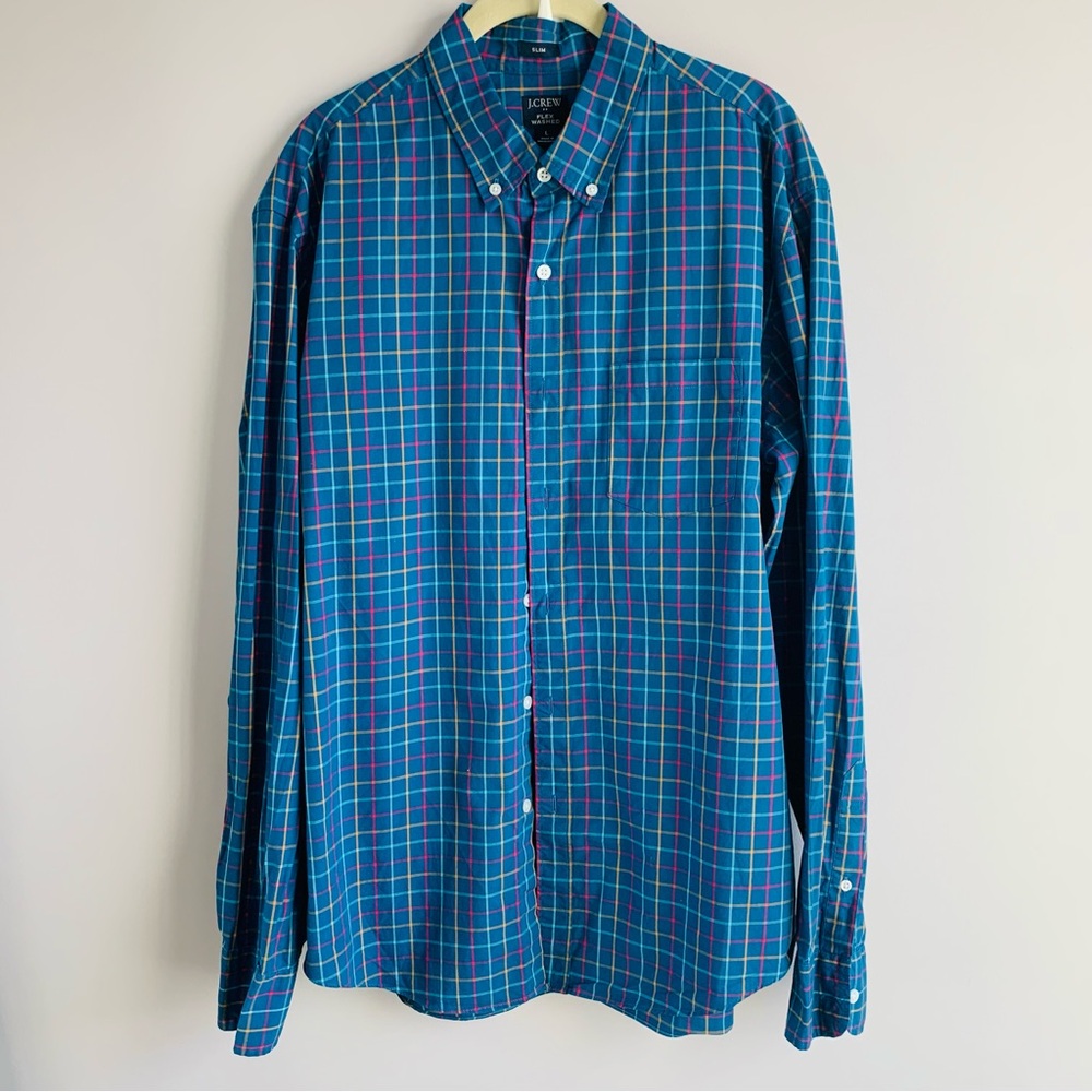 J. Crew Button Down Shirt Mens Plaid Check Teal Classic Cotton Large Slim Fit